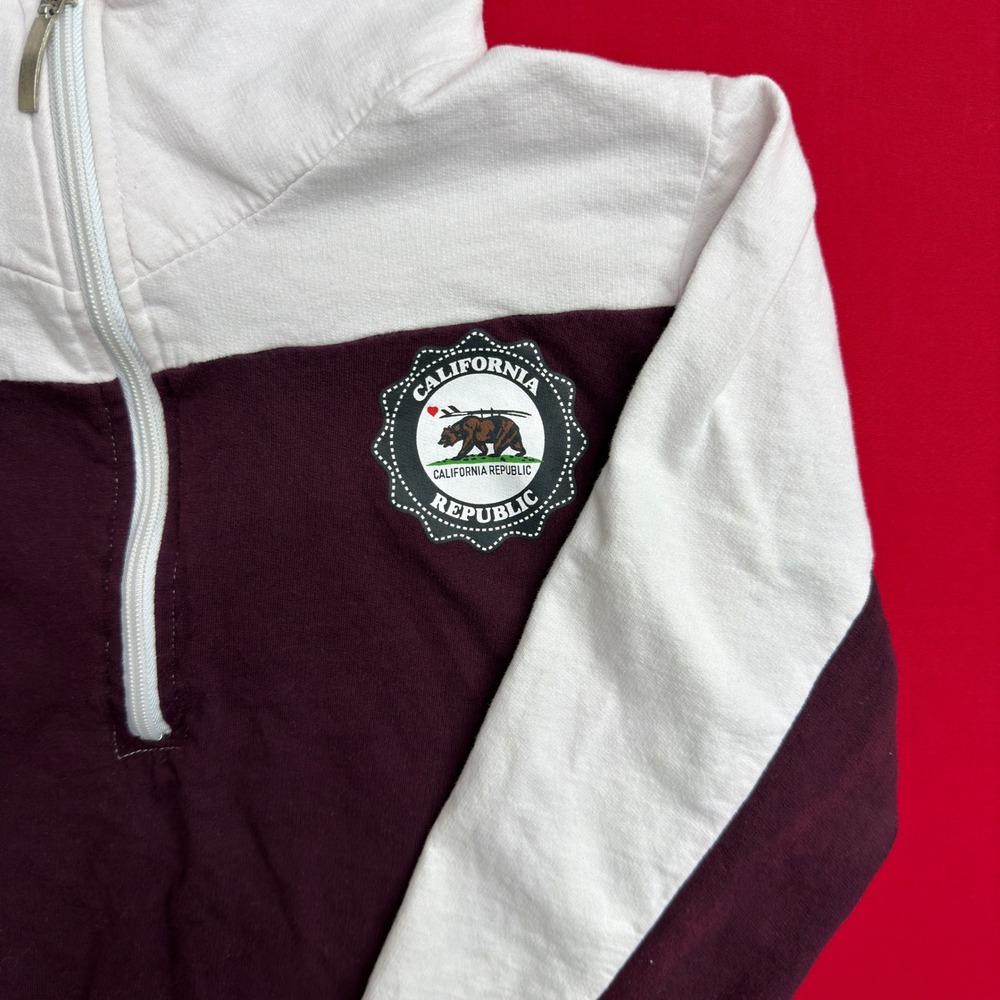 On Fire California Republic Quarter Zip Sweatshirt Maroon White Colorblock Large - Picture 3 of 8